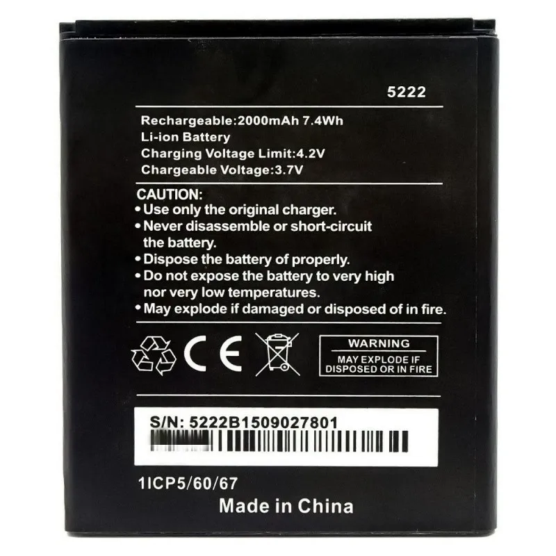 High capacity lithium ion battery replacement for Wiko Rainbow model 5222 premium hardware block